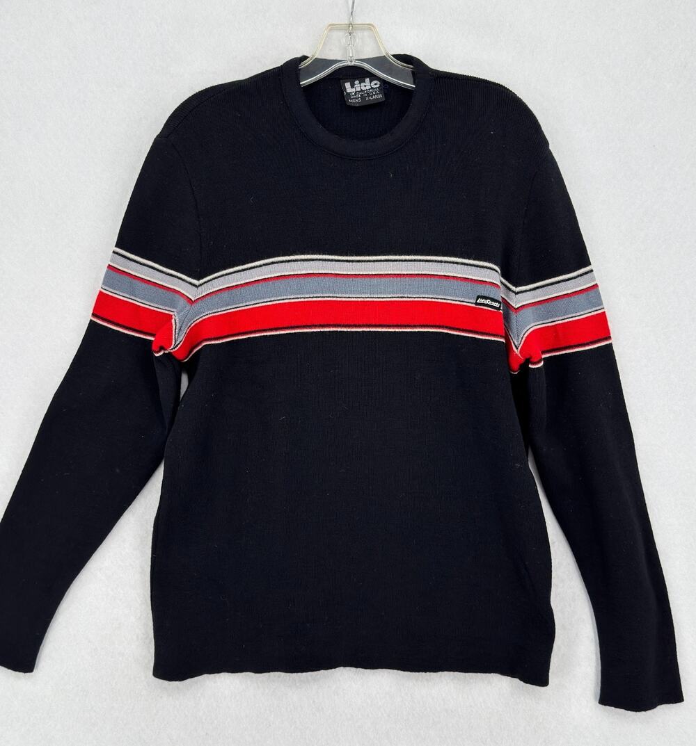 Vintage Lido Mens Black Striped Pure Wool Crew Neck Pullover Sweater Sz XL